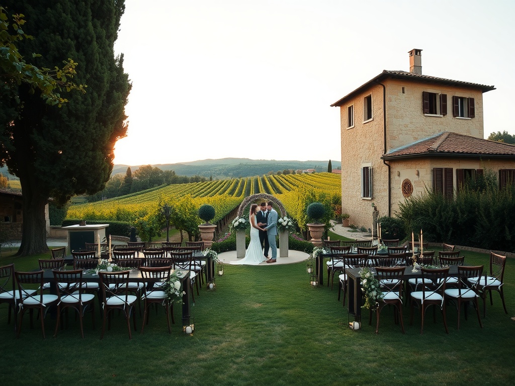 A couple exchanging vows in front of a historic villa in Tuscany, surrounded by lush vineyards and elegant chairs.