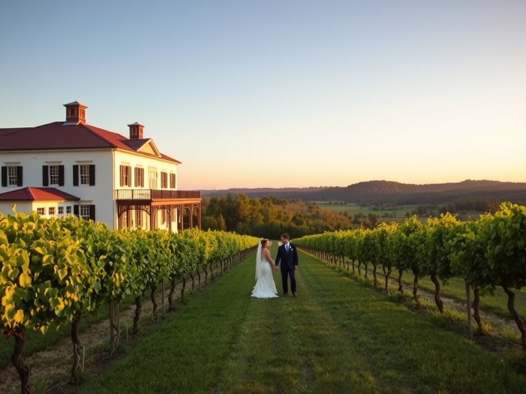 A couple walking through a vineyard at sunset, showcasing a historic Virginia winery