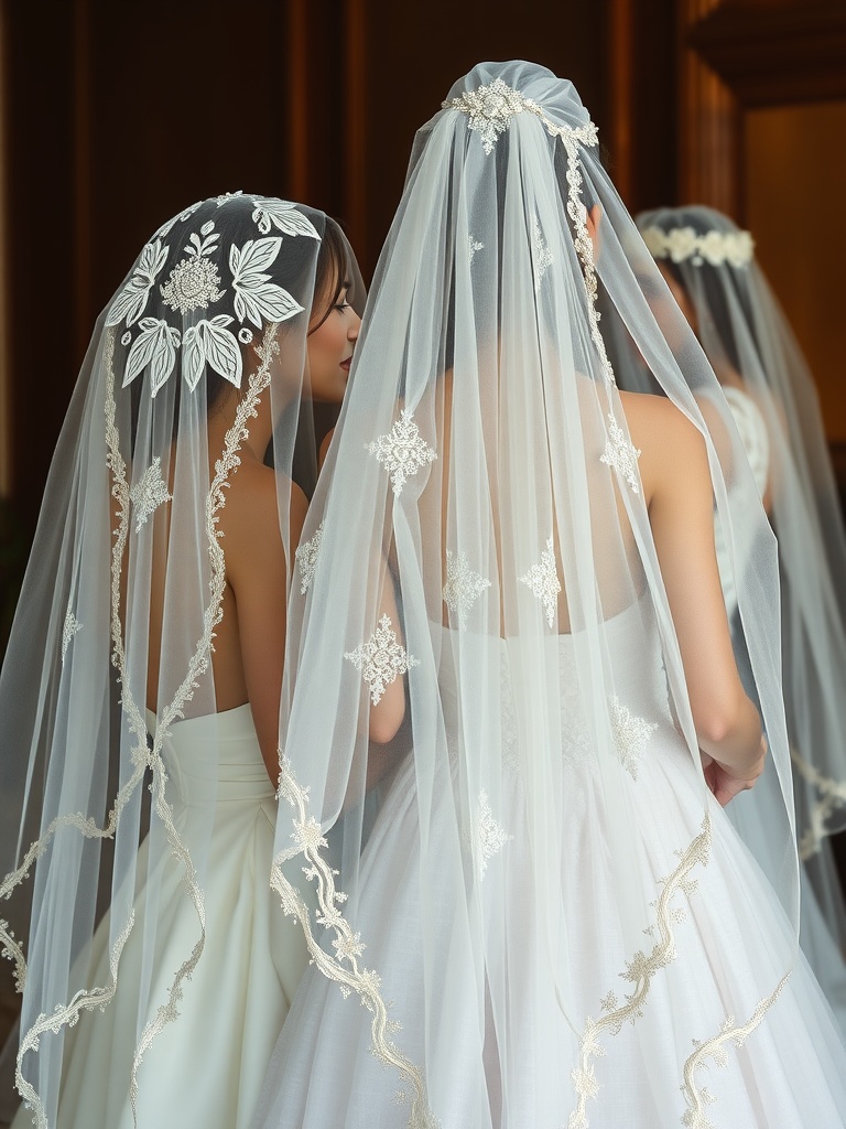 Brides wearing decorated veils with embroidery and lace details