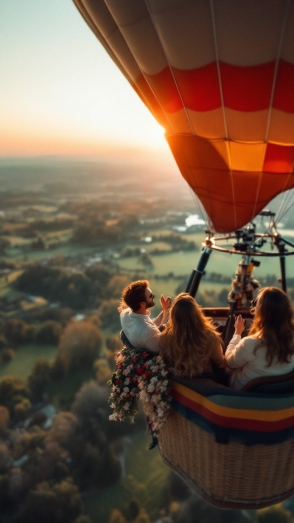 Couple in a hot air balloon, celebrating an engagement proposal against a sunset backdrop.