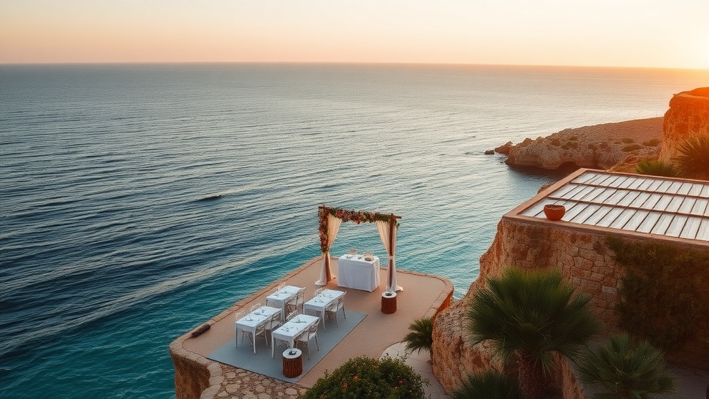 A beautiful wedding setup on the cliffs of Ibiza overlooking the sea at sunset.