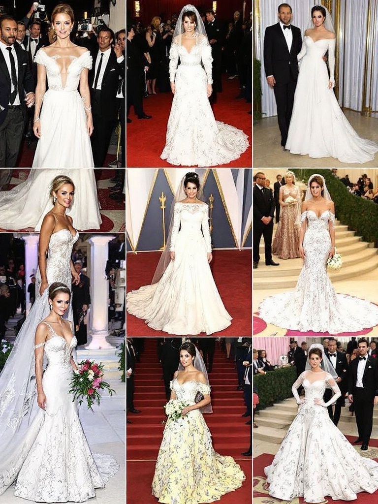 Collage of brides in various A-line wedding dresses showcasing different styles and designs.