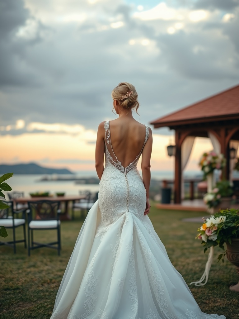 A bride wearing a backless wedding dress, showcasing its elegant design in a beautiful outdoor setting.