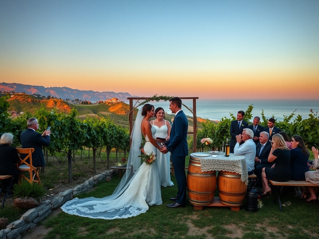 A couple exchanging vows in a vineyard with guests seated nearby, overlooking rolling hills and the ocean at sunset.