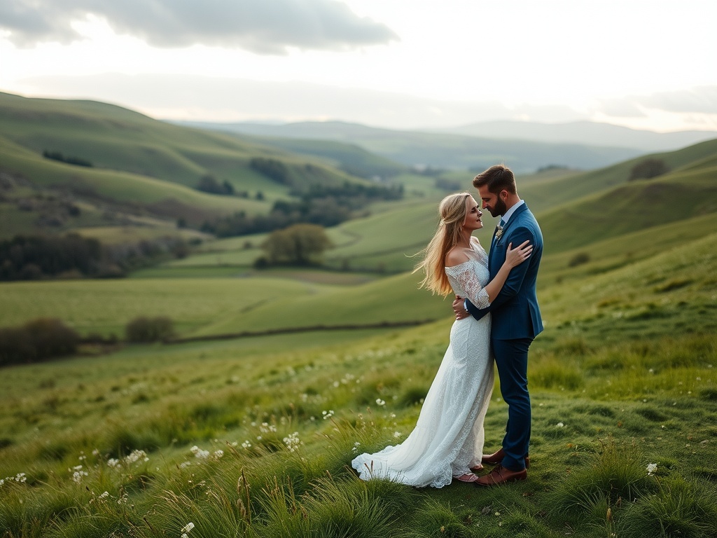 A couple embracing in the Yorkshire Dales with rolling green hills in the background