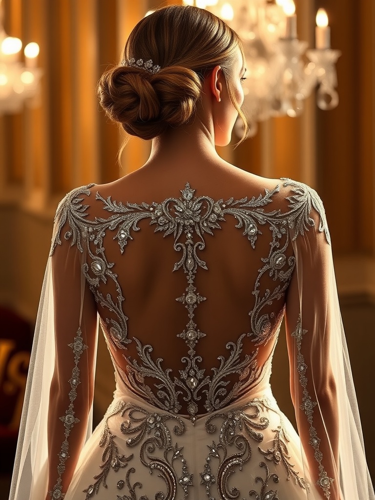 A bride showing the back of a wedding dress with an illusion neckline adorned with intricate beadwork and sequins.