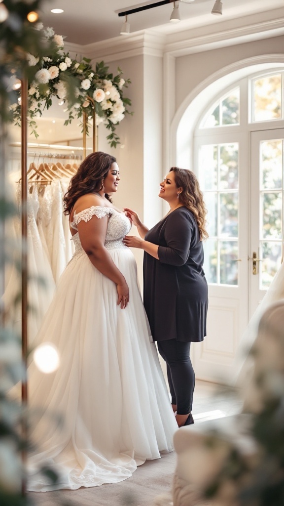 A curvy bride trying on a wedding dress with the help of a consultant in a bridal boutique, surrounded by wedding gowns.
