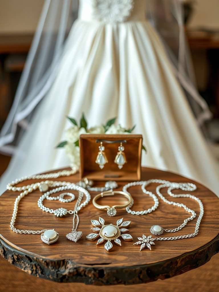 Bridal jewelry arranged on a wooden table, featuring necklaces, earrings, and a bracelet with a wedding dress in the background.