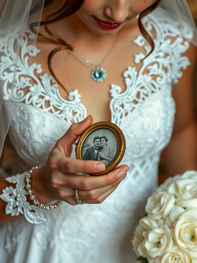 Bride holding a vintage locket with a photo of a couple, wearing heirloom jewelry and a beautiful lace wedding dress.
