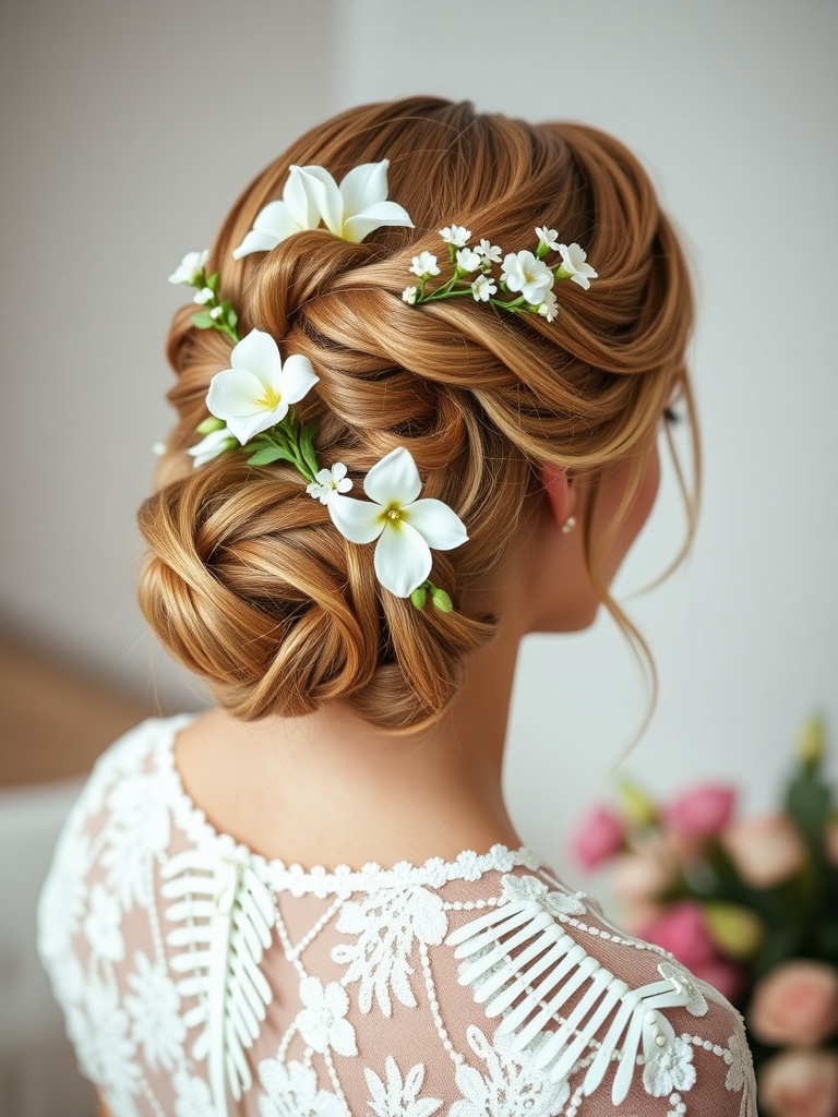 A woman with a stylish updo adorned with delicate white flowers, showcasing a beautiful hair accessory.