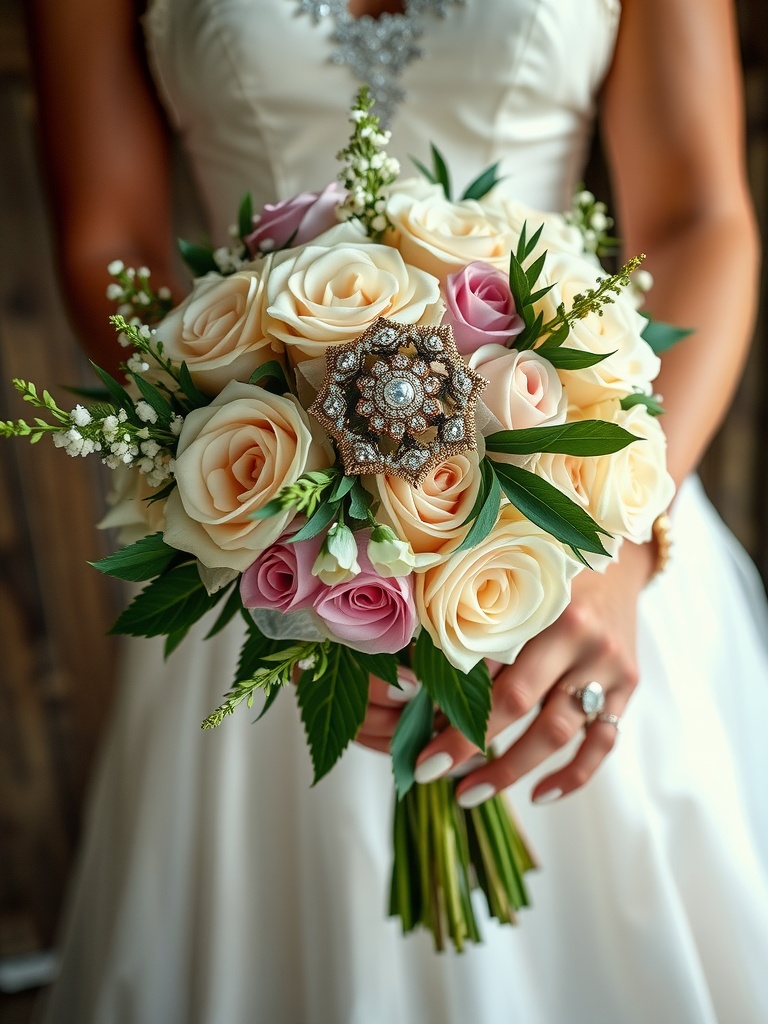 Bridal bouquet featuring soft roses and a vintage brooch