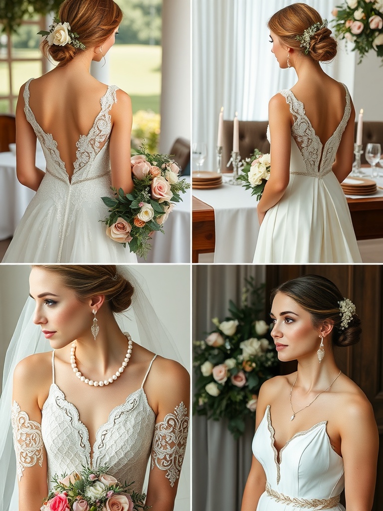 A collage of bridal accessories ranging from boho flower crowns to vintage pearls, showcasing different wedding themes.