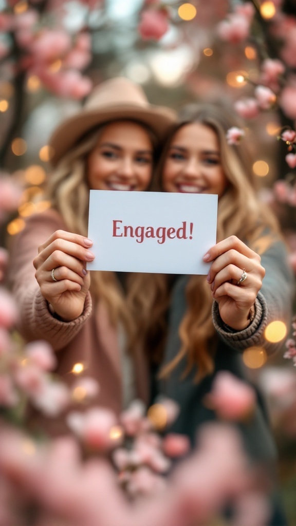 Couples holding a sign that reads 'Engaged!' surrounded by flowers.
