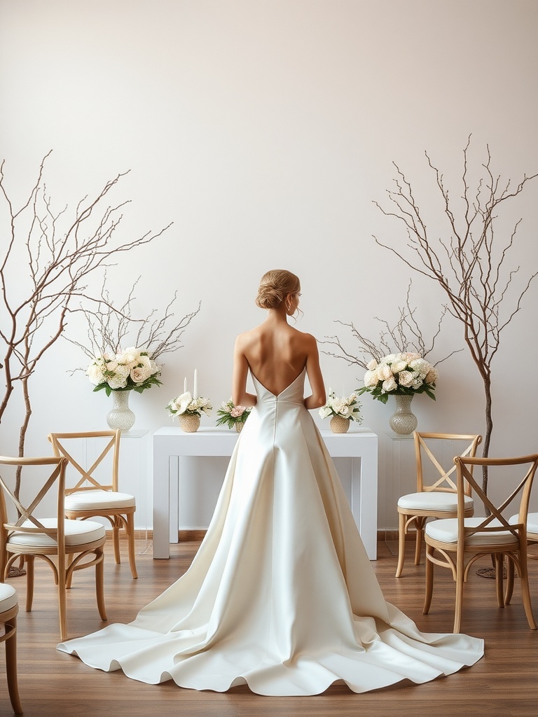 A minimalist wedding dress displayed in a decorated room with floral arrangements and simple furniture.