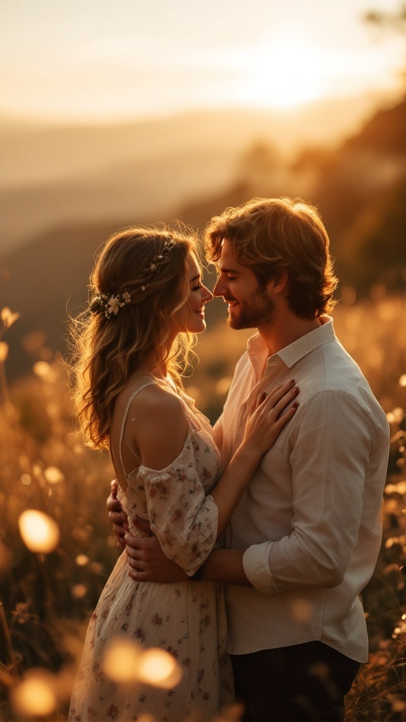 A couple embracing during sunset in a field, capturing a dreamy engagement moment.