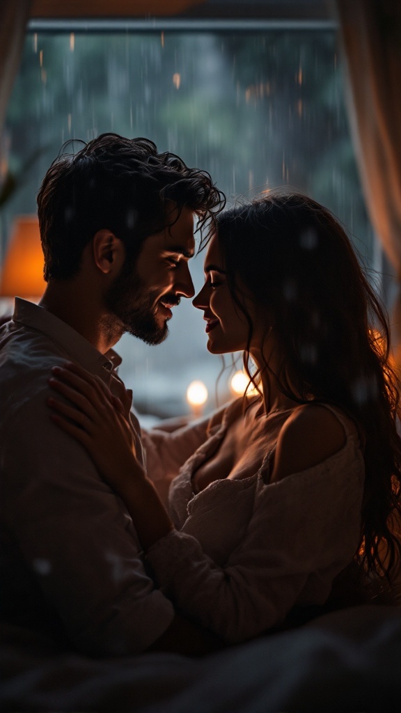 A couple sharing an intimate moment indoors, surrounded by rain and soft candlelight.