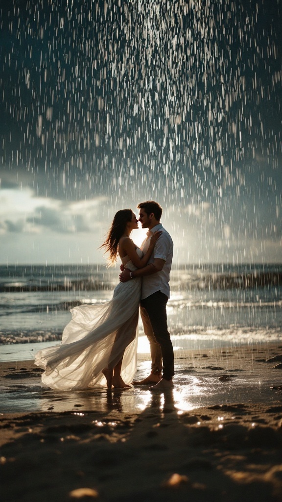 Couple embracing on beach with water droplets falling around them