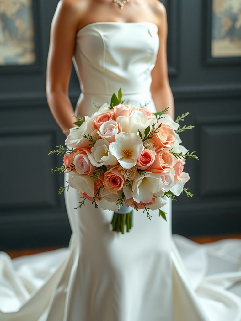 Bride holding a bouquet of silk flowers while wearing a satin wedding dress.