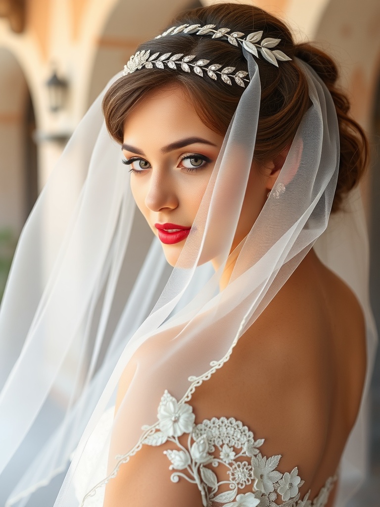 A bride wearing a delicate veil and sparkling tiara, showcasing a balance of vintage hair accessories.
