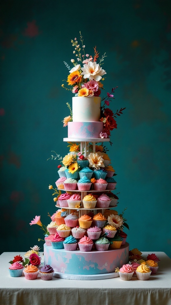 Colorful cupcake cake tower adorned with flowers and a small wedding cake on top.