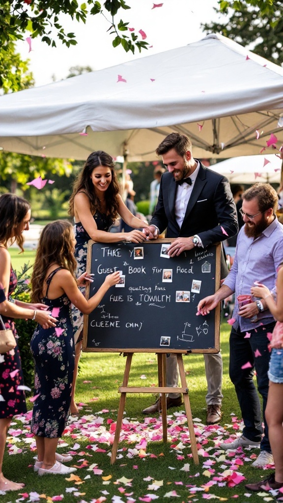 Guests interacting around a chalkboard guest book at a wedding, filled with photos and fun prompts.