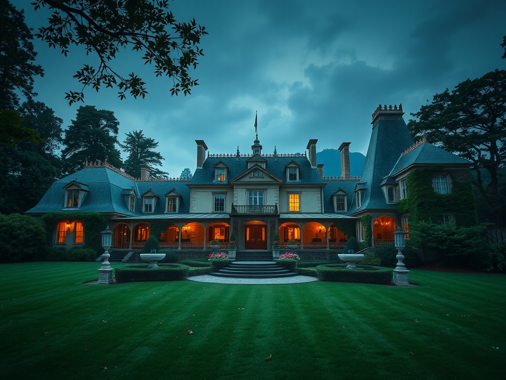 A beautiful country estate with evening lights, perfect for a wedding venue.