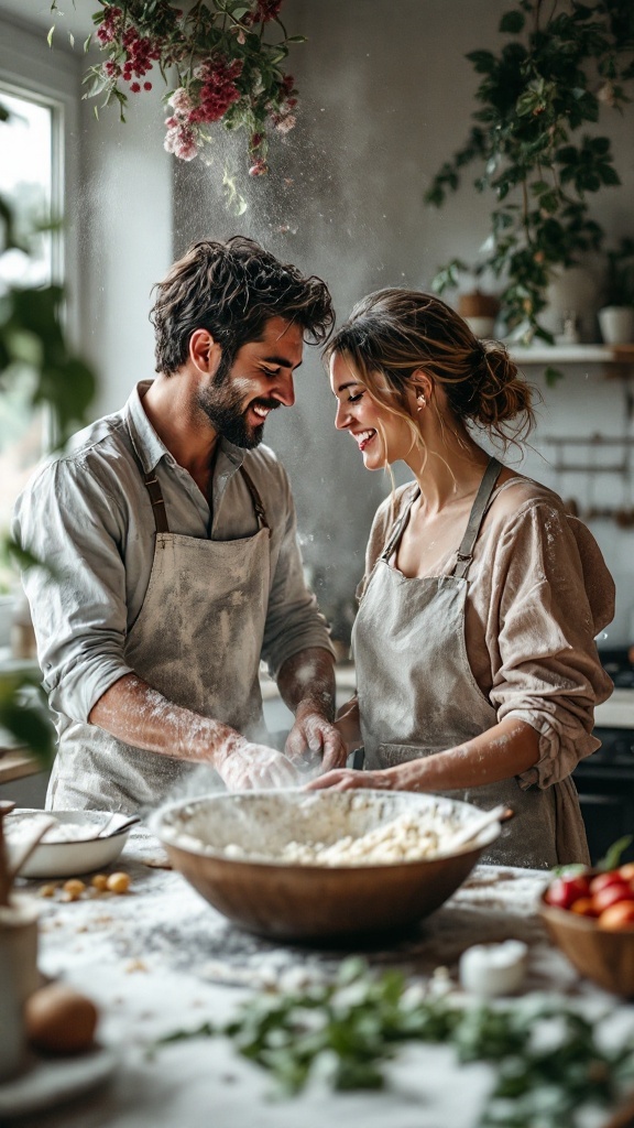 A couple joyfully cooking in a cozy kitchen, surrounded by flour and fresh ingredients, sharing laughter and love.
