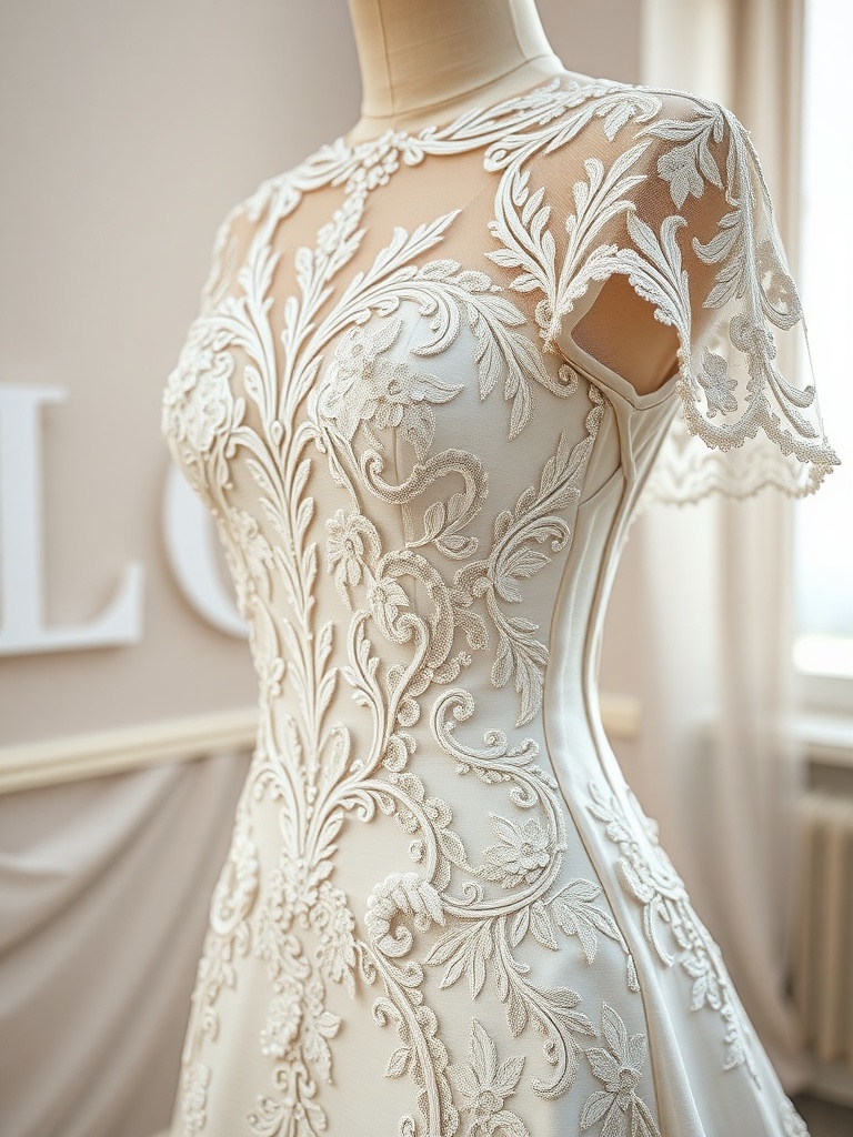 A wedding dress featuring intricate lace details and embellishments, showcasing modern bridal fashion trends.