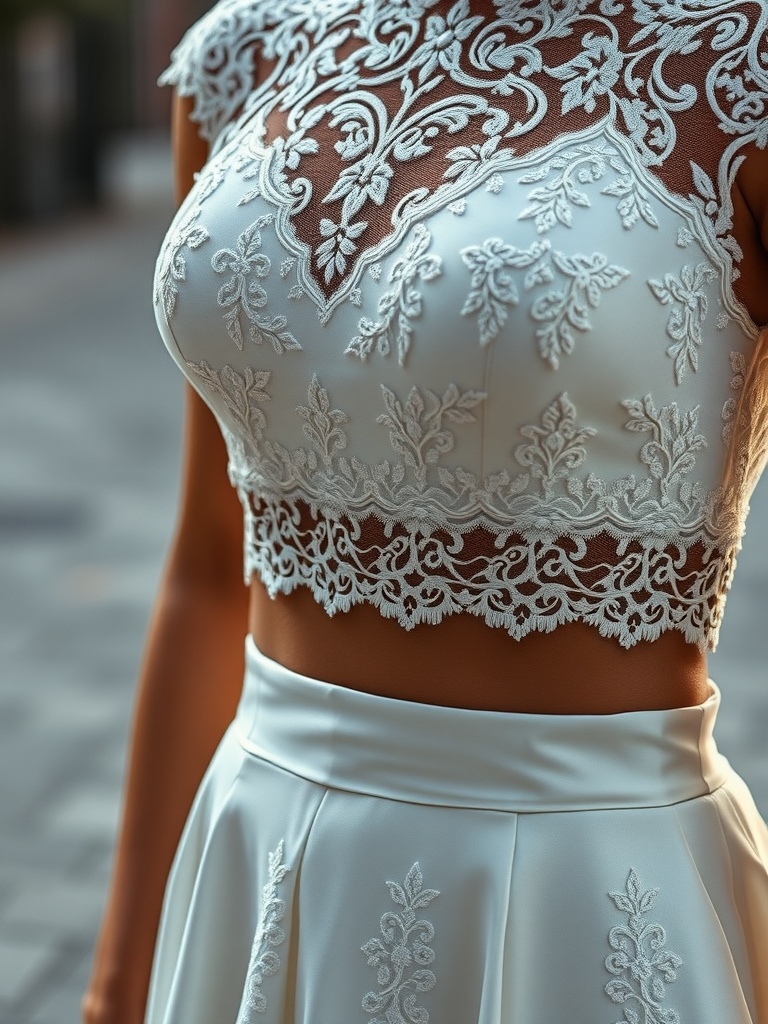 A close-up of an intricate lace crop top from a two-piece wedding dress, showcasing its detailed embroidery and elegant design.