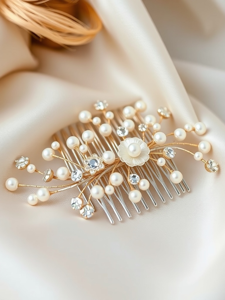 An intricately designed bridal hair comb featuring pearls and rhinestones on a satin background.