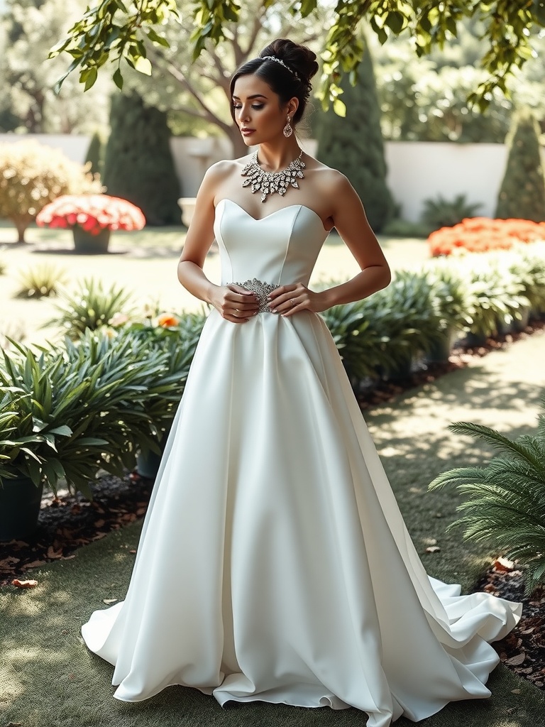 A bride in a stunning white gown, wearing dramatic jewelry and a statement belt, surrounded by lush greenery.