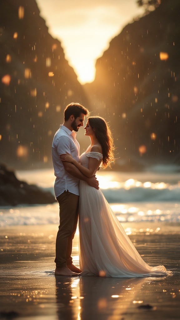 A couple standing close together on a beach during sunset, capturing a moment filled with love and warmth.