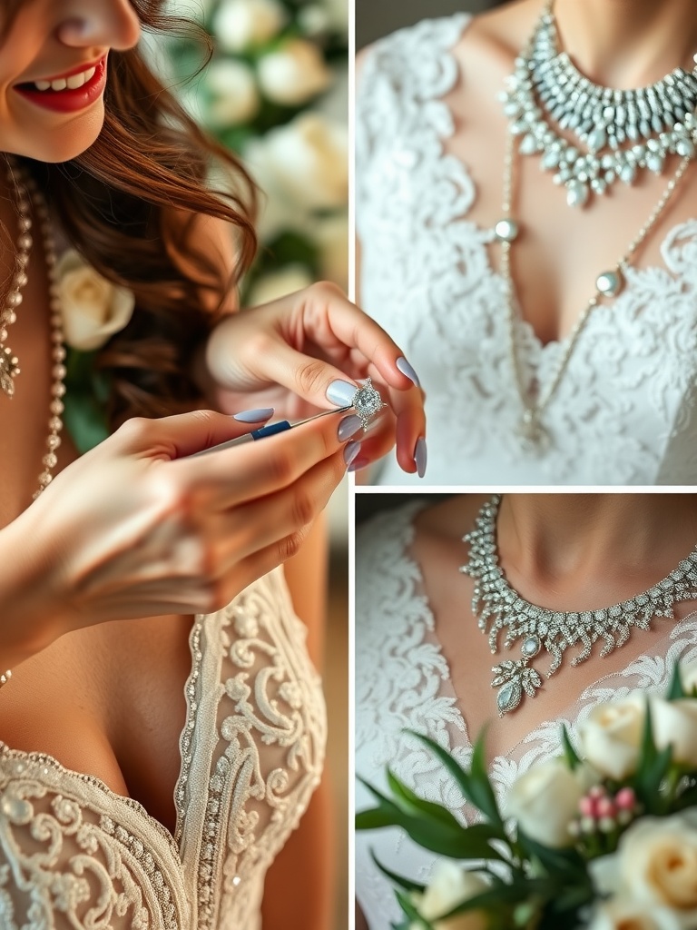 Bridal jewelry featuring a necklace and ring, showcasing the importance of matching accessories to a wedding dress.