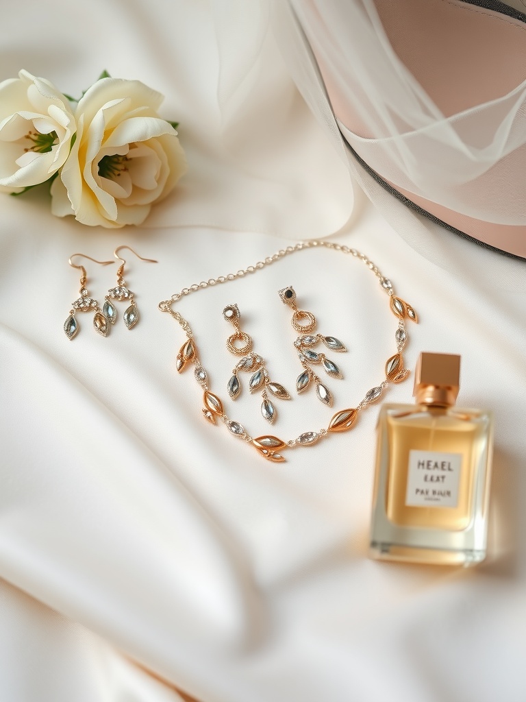 Beautiful bridal jewelry including earrings, necklace, and a perfume on a soft fabric background.