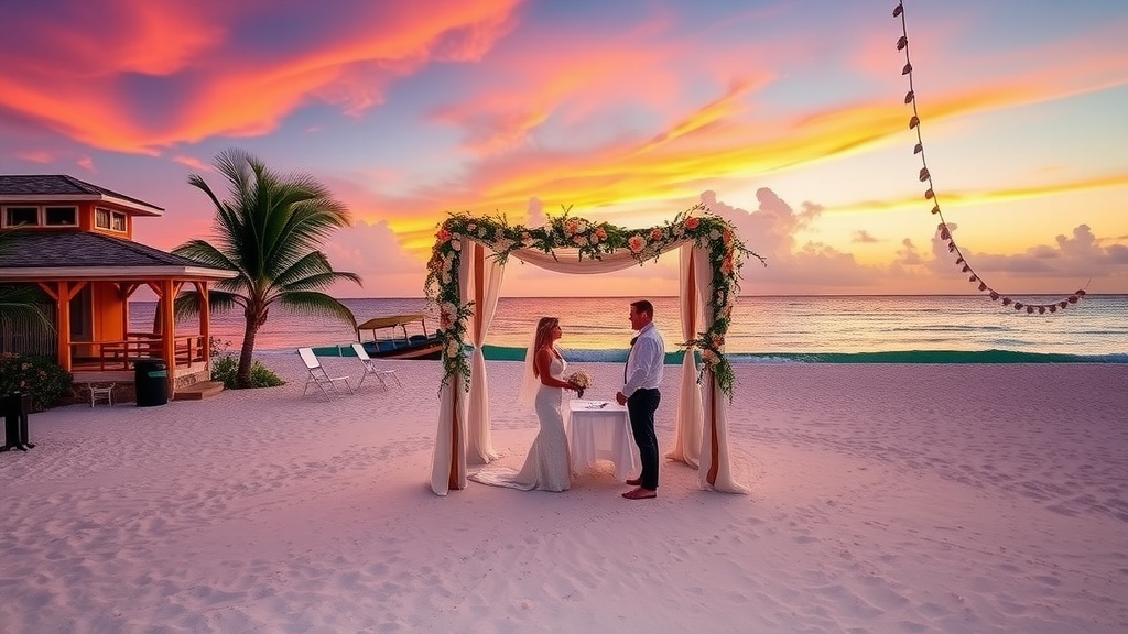 Couple standing at a beautifully decorated beach wedding setup during sunset.