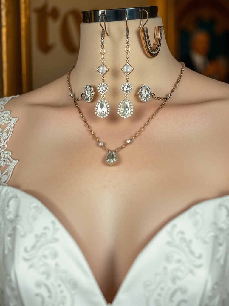 Jewelry displayed on a mannequin, featuring earrings and a necklace suitable for a wedding dress with a keyhole neckline.