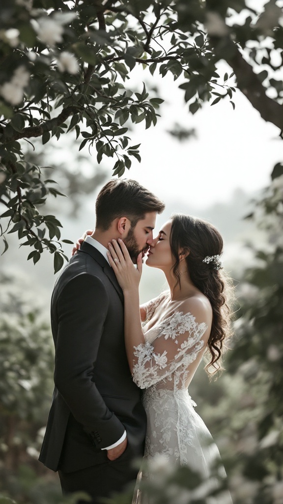 Couple kissing under a canopy of trees during an engagement photo shoot