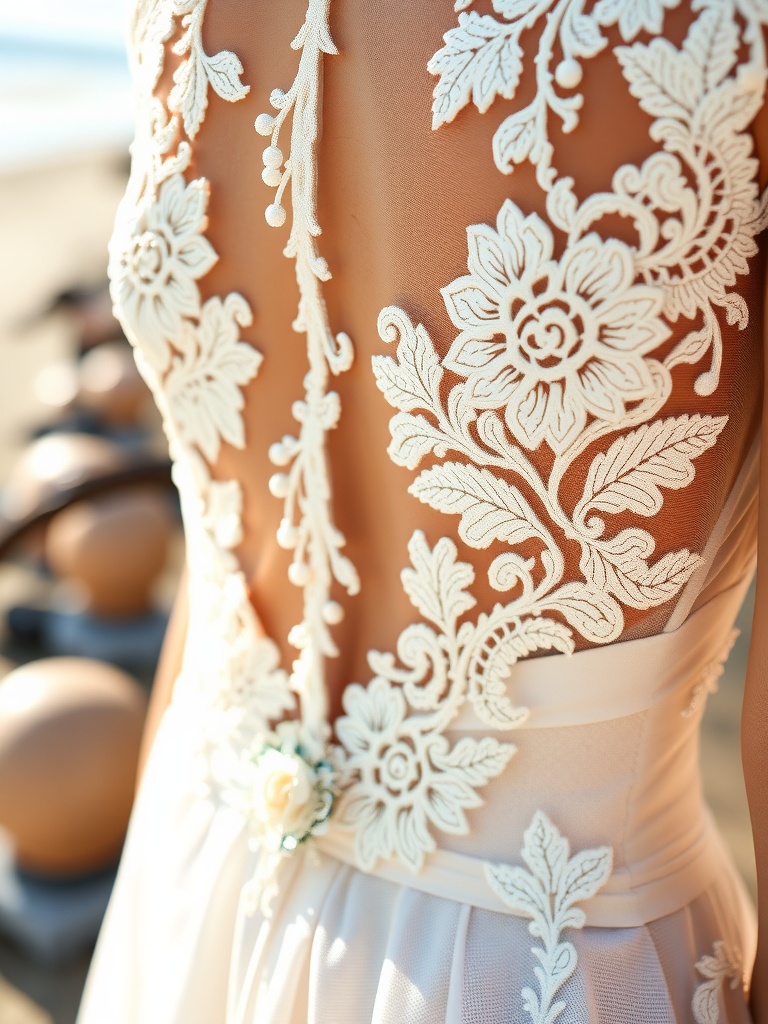 Detail of a summer bridal gown featuring intricate lace designs and a light fabric