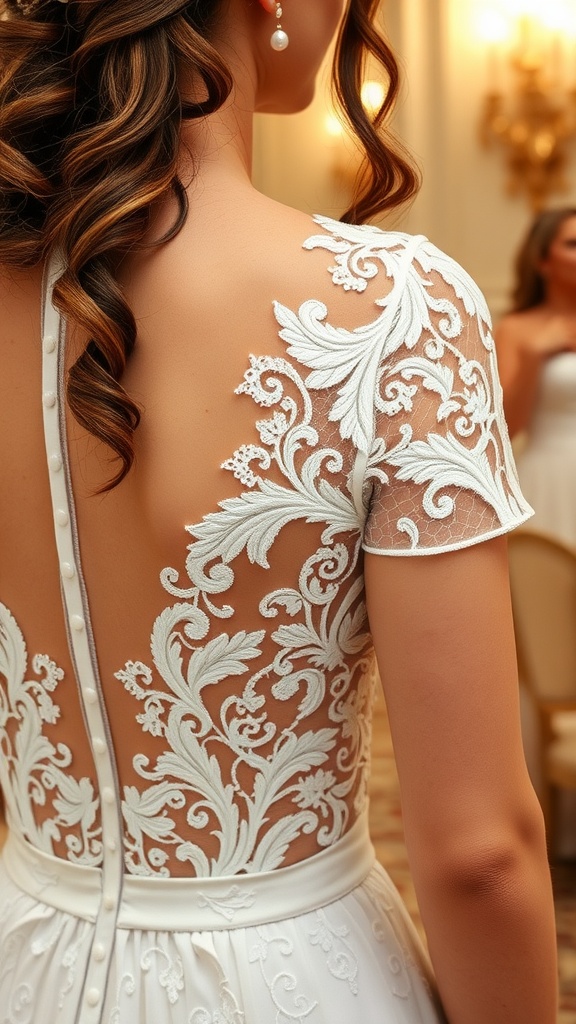 A smiling woman wearing a navy wedding guest dress with lace details, standing in a wedding setting.