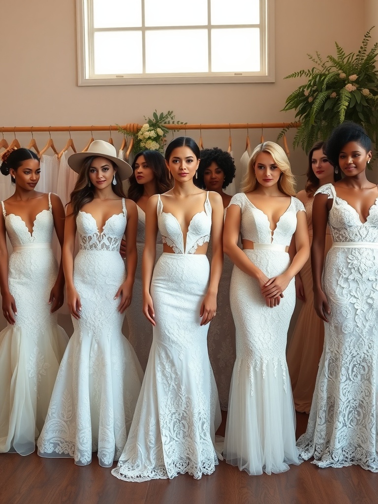 A selection of lace wedding dresses displayed in a bridal shop, showcasing different styles and lace designs.