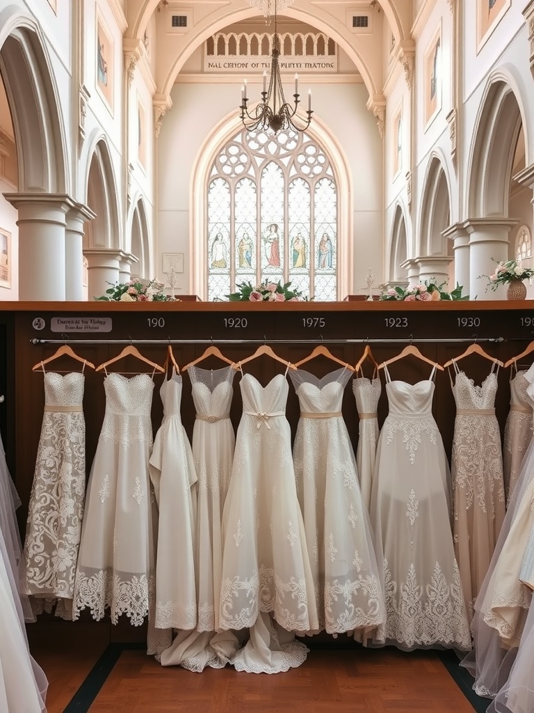 A display of various lace wedding dresses in a beautiful setting.