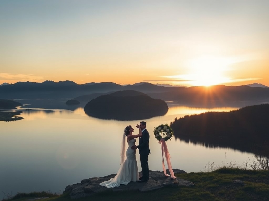 A couple getting married by a serene lake with mountains in the background at sunset.