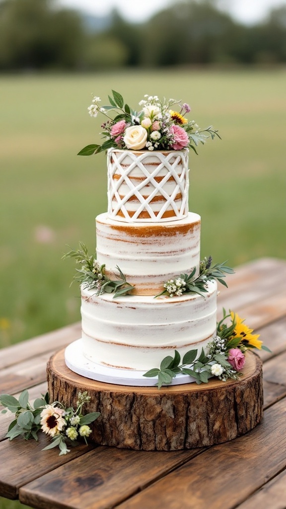 A rustic cake with a lattice pattern topped with flowers, set on a wooden slice