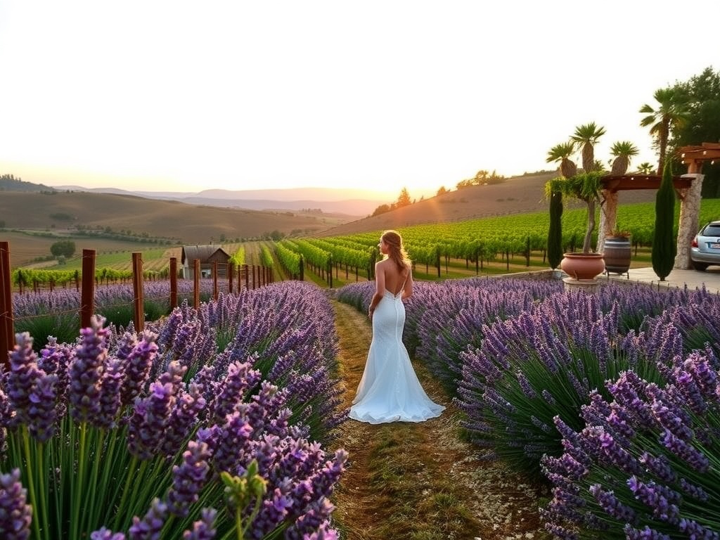 A bride standing in a lavender field at sunset, surrounded by vineyards in Provence.
