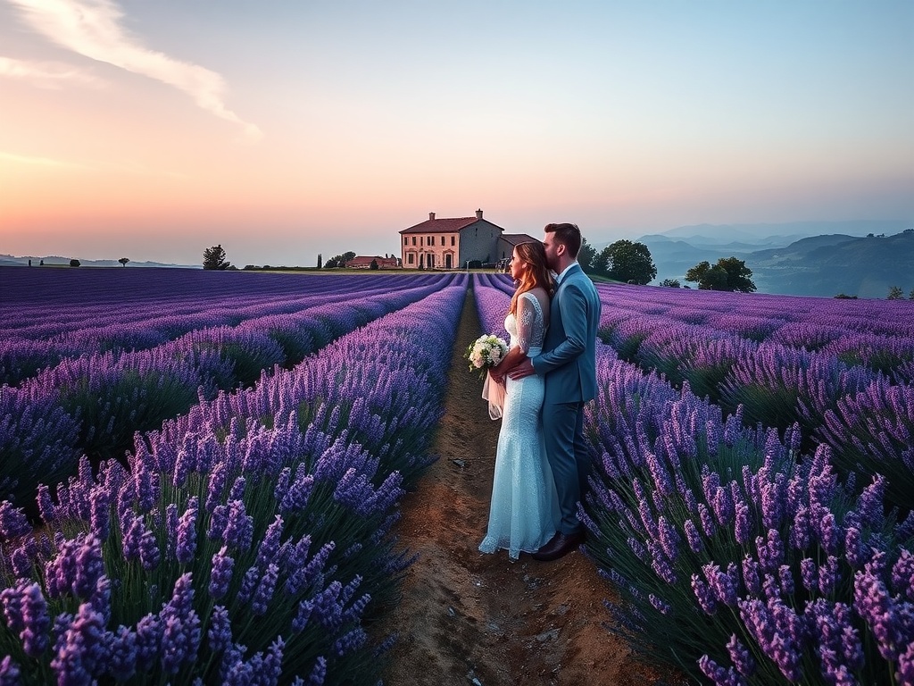 A couple embracing in lavender fields in Provence, France, during sunset, showcasing a romantic elopement scene.