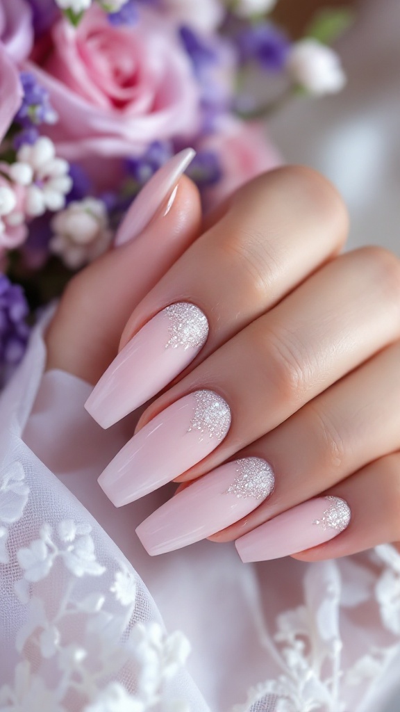 Lavender to cream ombre wedding nails with glitter accents