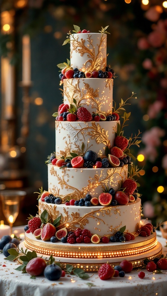 A multi-tiered luxury wedding cake decorated with fresh fruits and gold accents, set against a softly lit background.