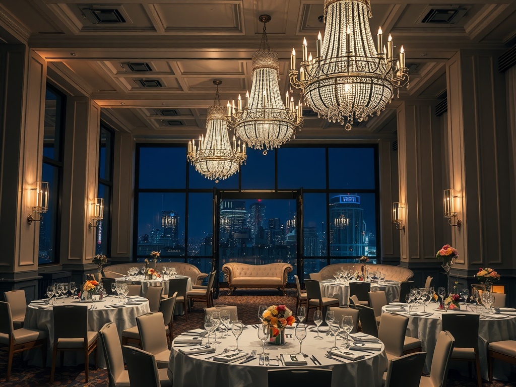 A luxurious hotel ballroom featuring chandeliers, elegant tables, and a city skyline view.
