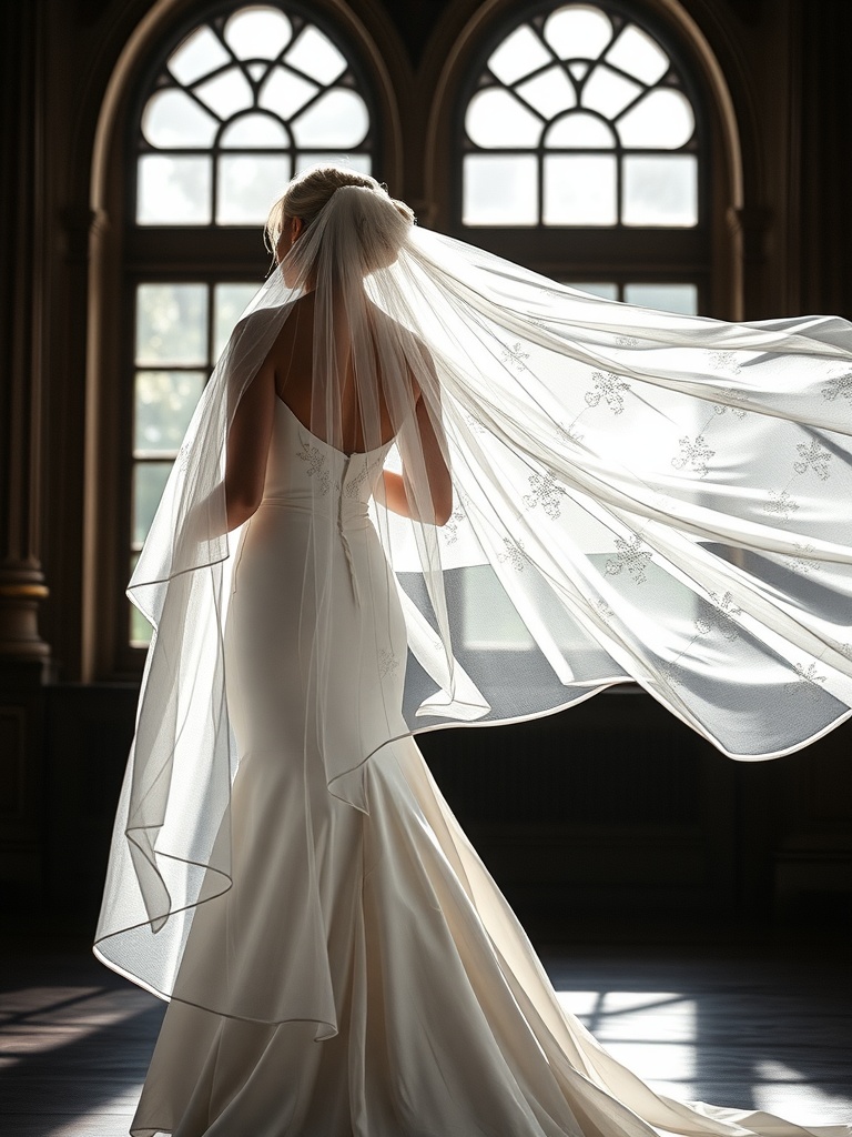A bride wearing a flowing sheer wedding cape, standing gracefully in a well-lit room with large windows.