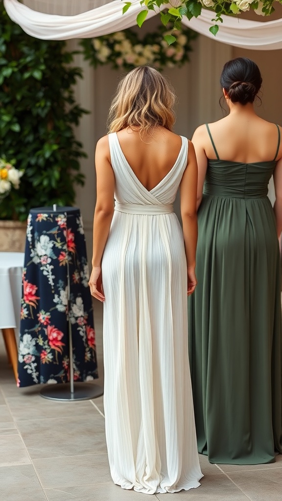 Two women in layered dresses, one in white and the other in green, showcasing summer wedding guest attire.